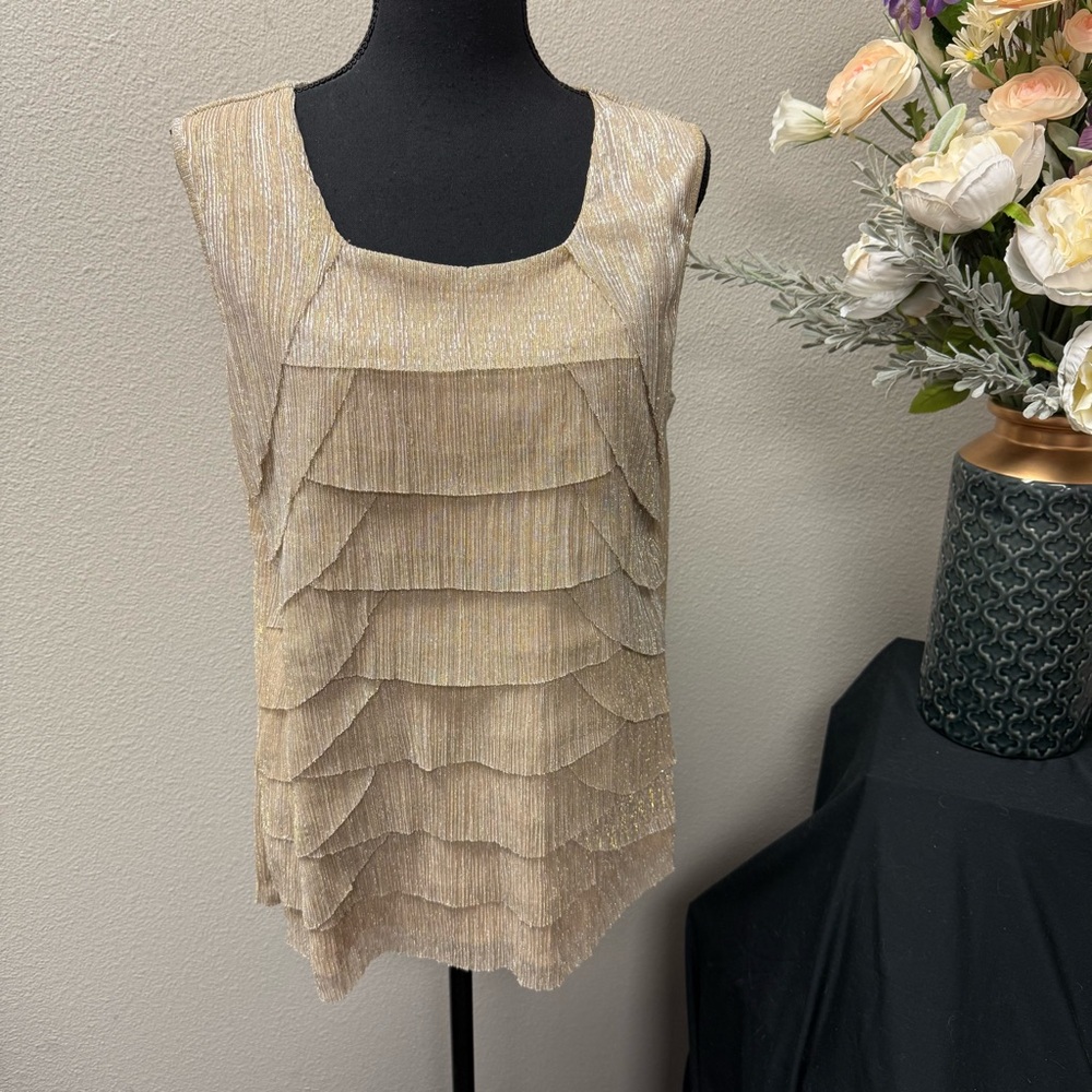 Christopher & Banks Gold Metallic Tiered Ruffle Tank Top L Holiday Party